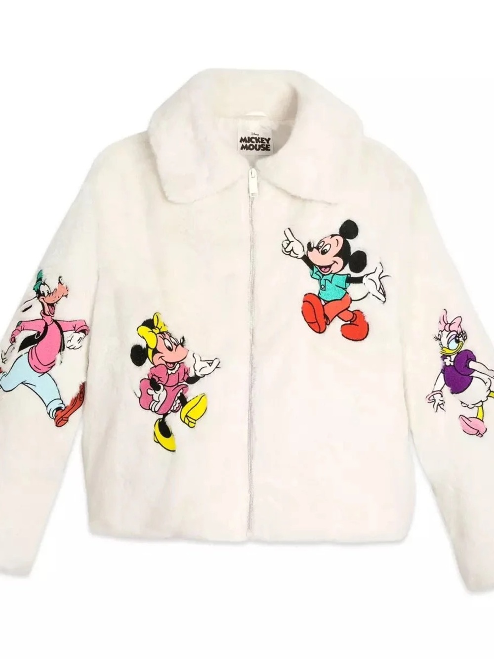 Disney White Faux Fur Women’s Jacket with Colorful Mickey & Friends